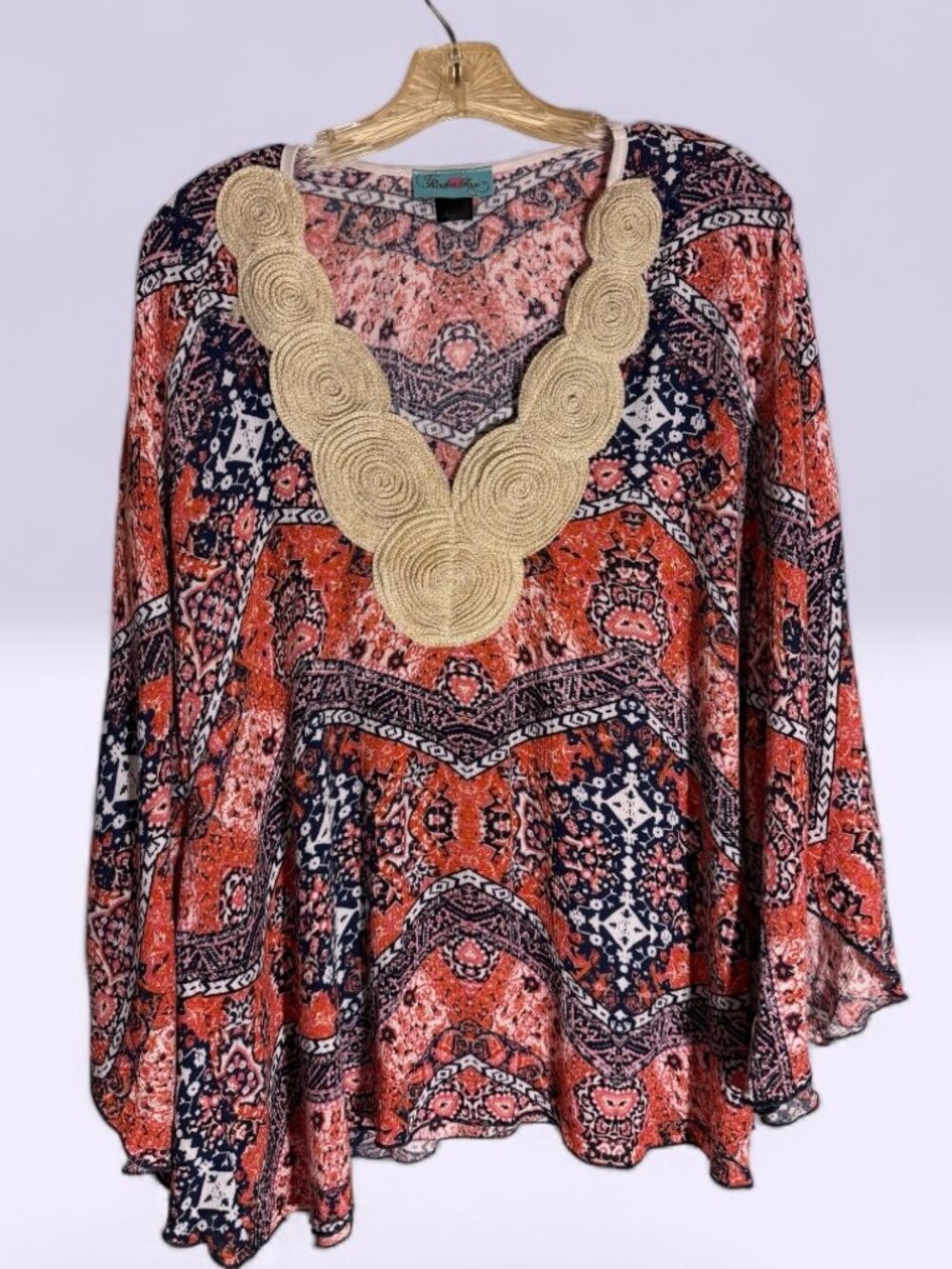 Rodeo Fox Geometric Paisley Orange, blue, Cream Boho Bell Sleeve Top Sz XL